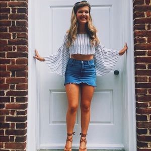 WORN ONCE Striped Cropped Shirt with Bell Sleeves